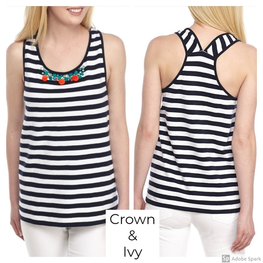 Crown & Ivy Tank Top Navy White Stripe Embellished Knit Racer Back
